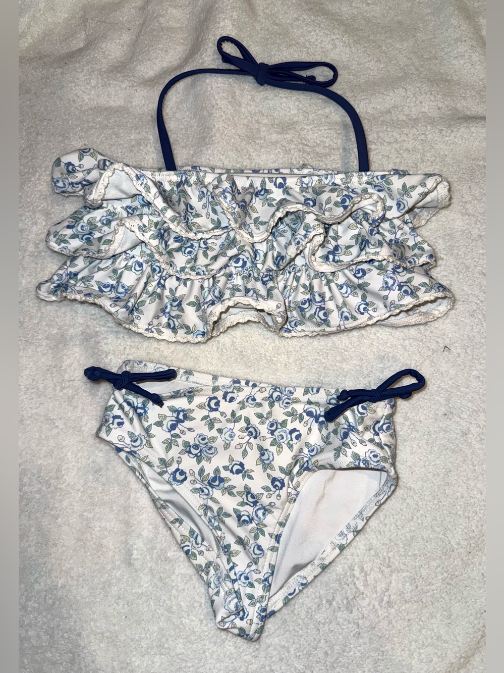 SweetHoney girls' swimsuit w/a ruffled bandeau top and a blue floral pattern, 4T